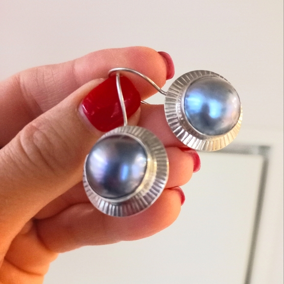 Jewelry - ARTISAN CRAFTED CULTURED BLUE MABE PEARL SILVER EARRINGS